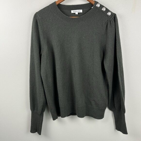 VERONICA BEARD Charcoal Green Cashmere Pullover Sweater Size Large Button Accent - Picture 2 of 11